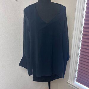 Soft Surroundings blouse‎ sz L black sheer sleeves & overlay v neck minimalist